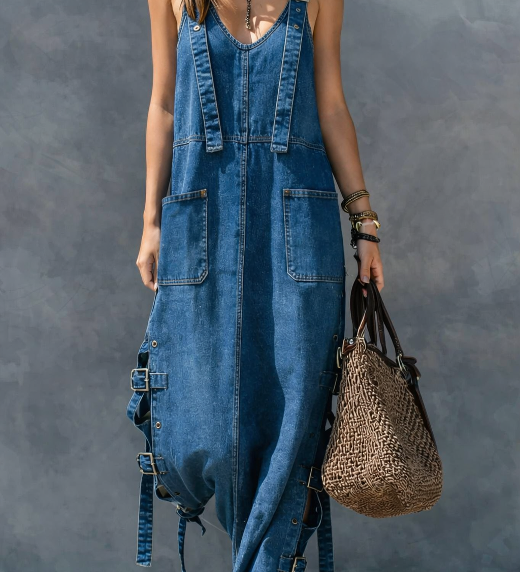 Catarina | Combinação em denim com cintura elástica