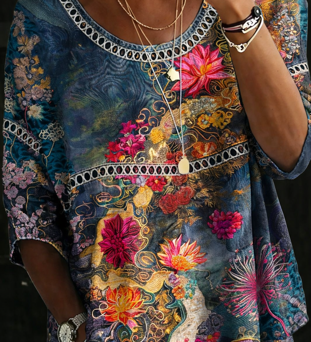 Estefânia | Blusa de Denim Floral Vintage