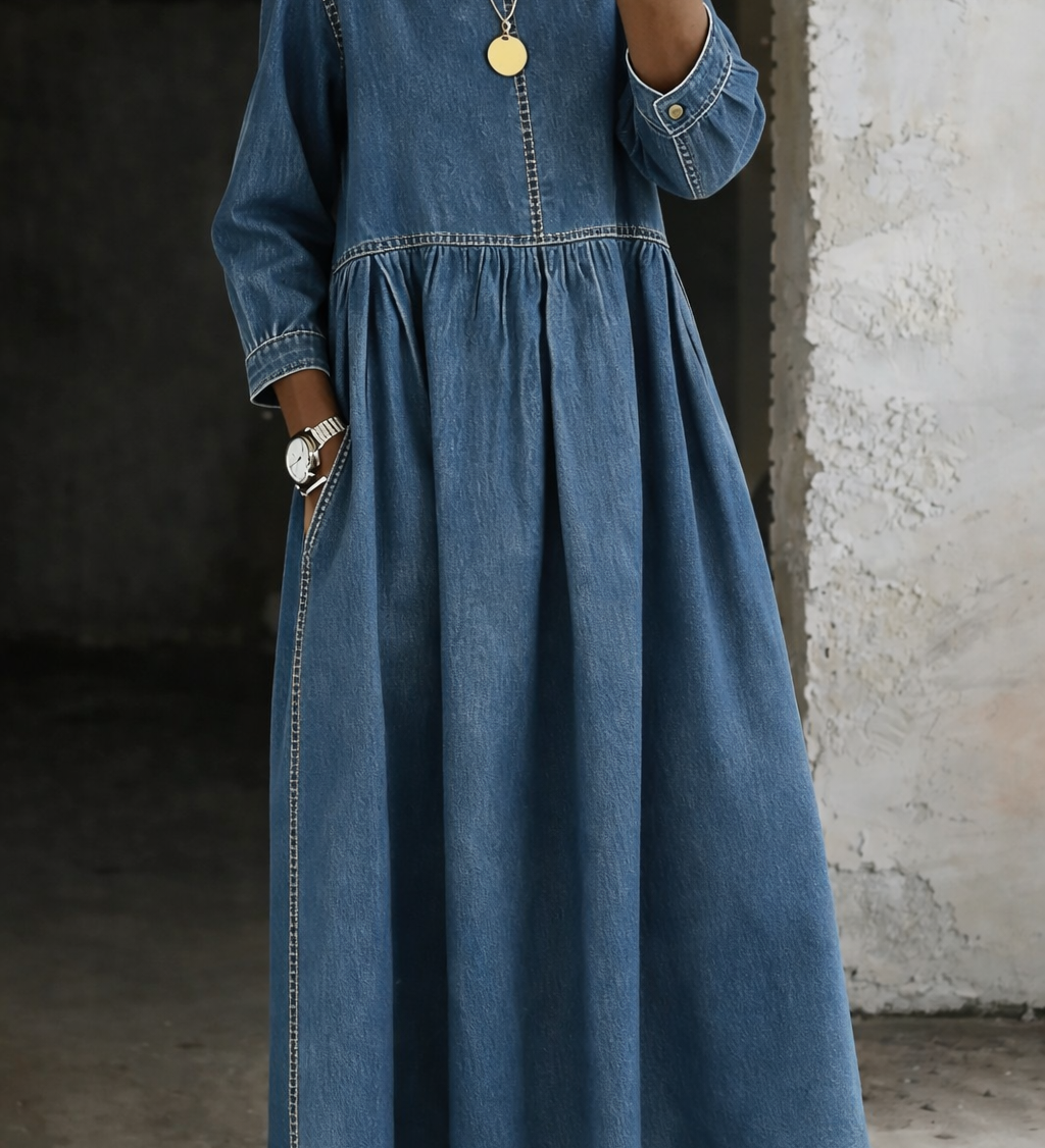 Joana | Vestido de Denim com Decote Redondo e Mangas Longas
