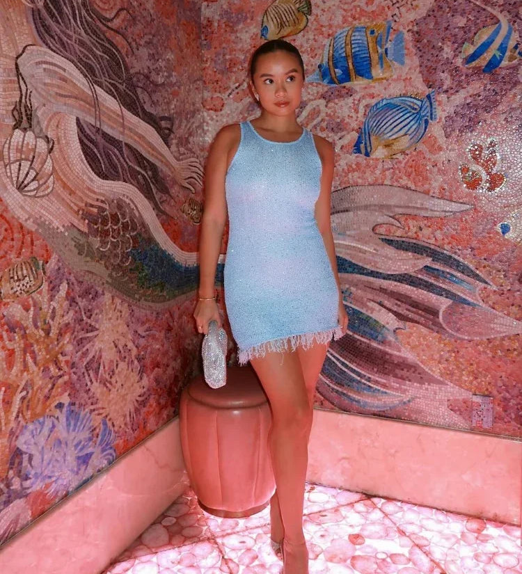 Mini Vestido de Malha com Lantejoulas Transparentes