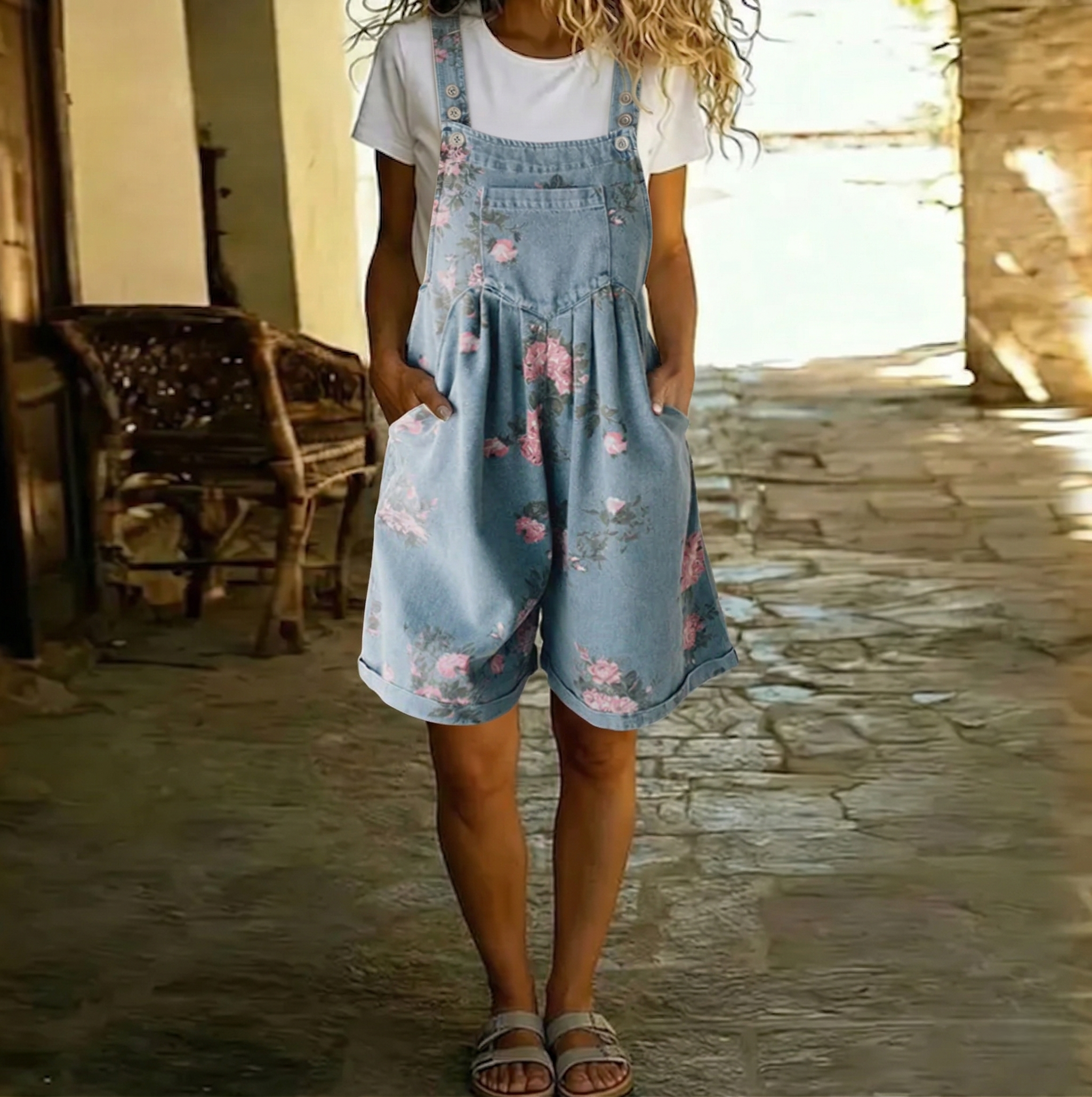 Dulce | Macacão em denim vintage com flores suaves