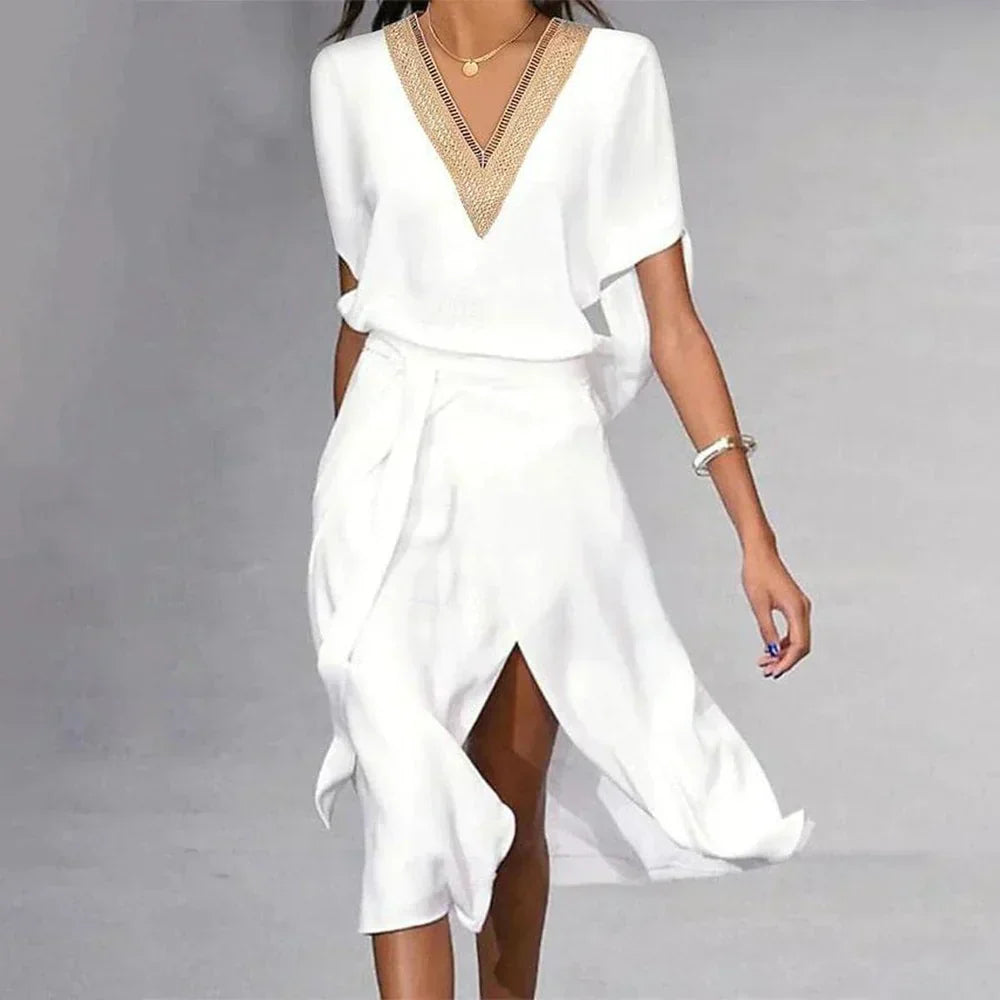 Vestido Midi de Verão com Decote em V que Realça a Silhueta