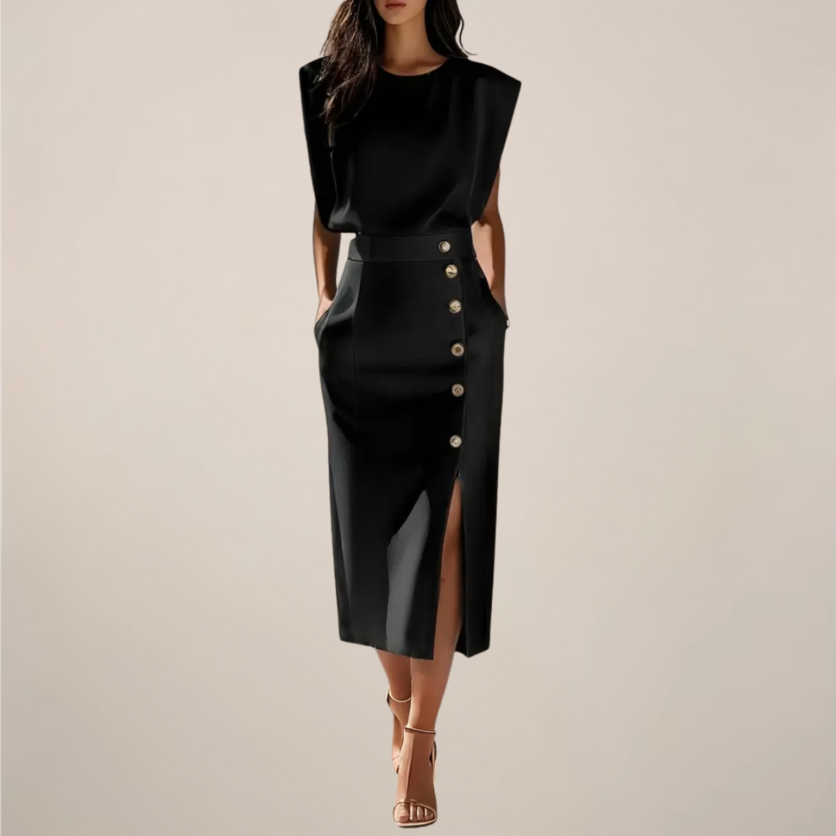 Vestido Midi Sem Mangas com Detalhe em Botões