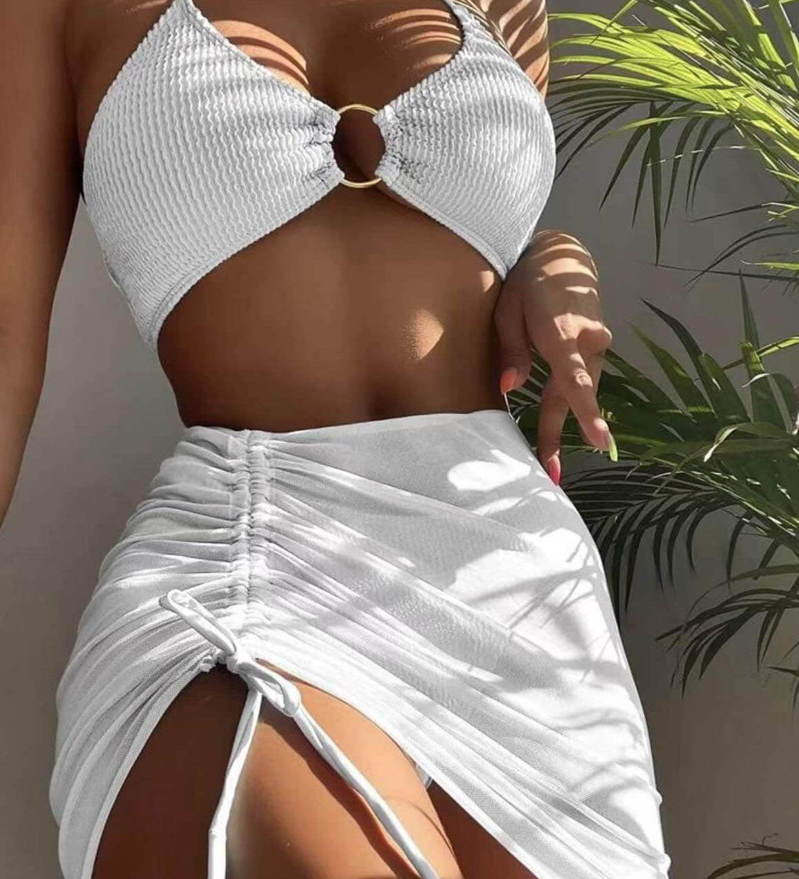 Biquíni de maiô de três peças com gola halter sexy de cor sólida