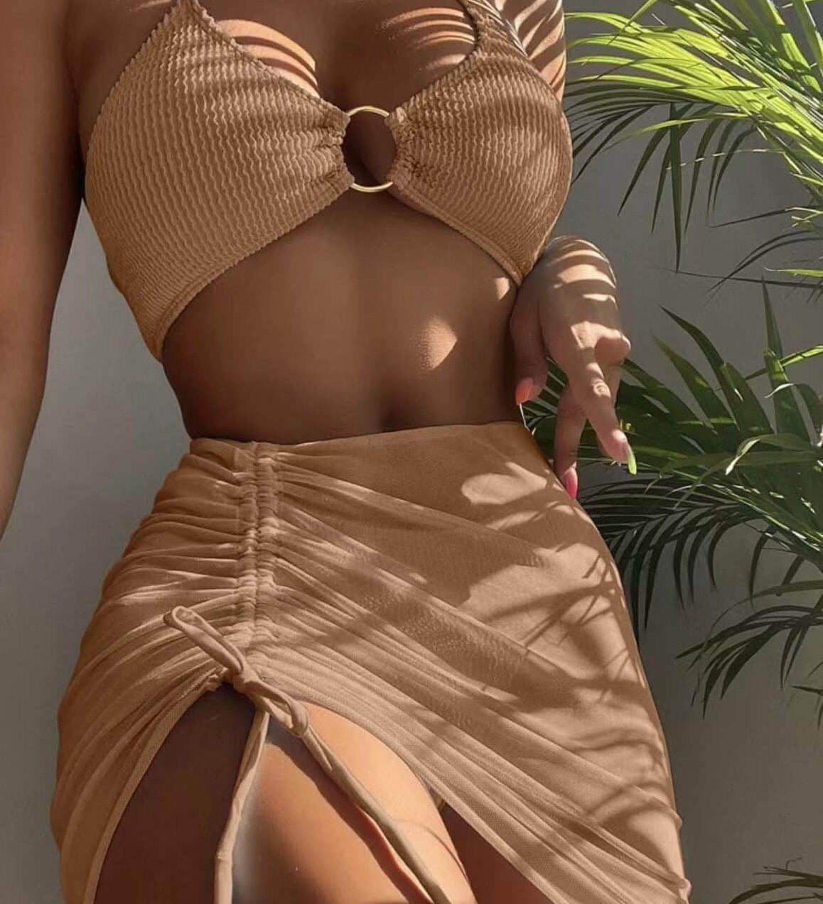 Biquíni de maiô de três peças com gola halter sexy de cor sólida