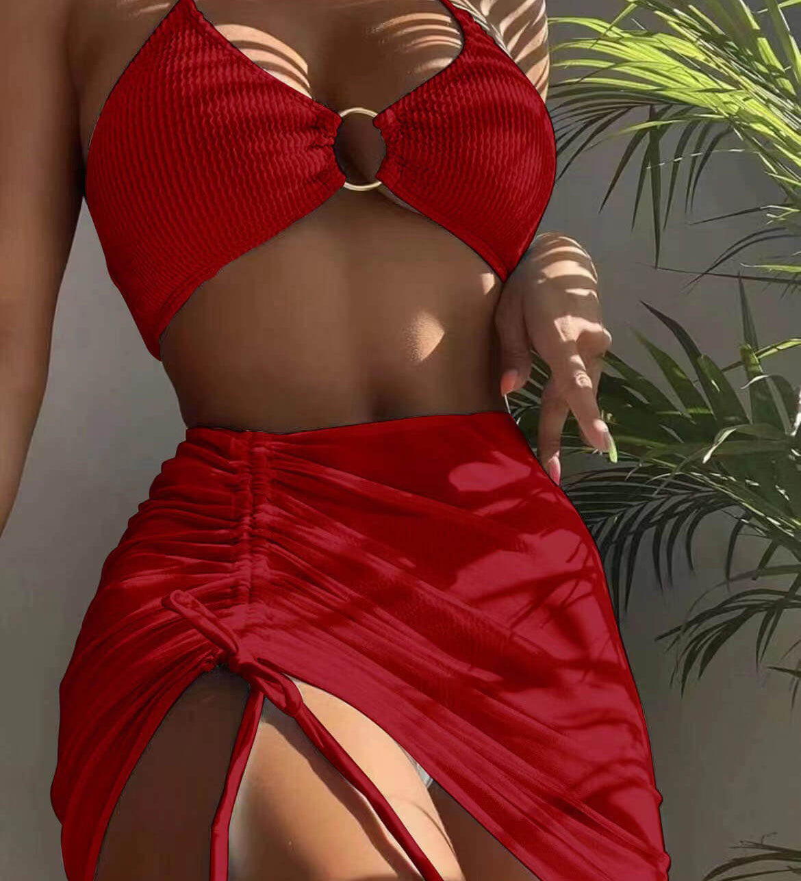 Biquíni de maiô de três peças com gola halter sexy de cor sólida