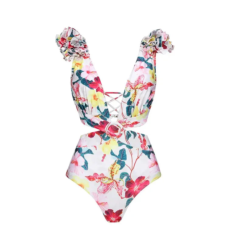 3D Floral Cutout Swimsuit One Piece Set