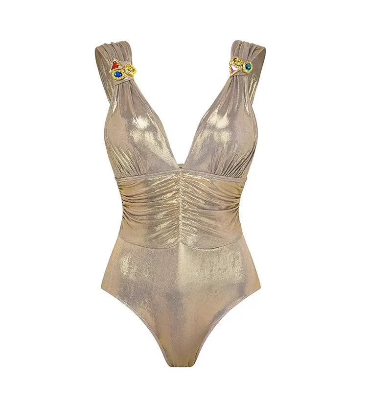 V-Neck Ruched Rhinestone One-Piece Swimsuit