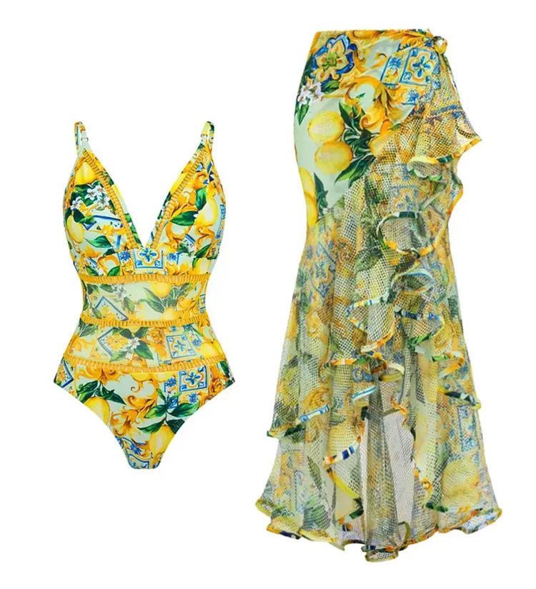 Mesh Lemon Print Swimsuit Set