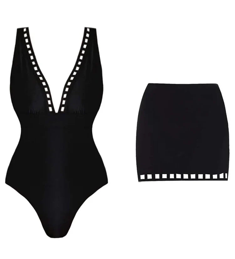 Sexy Cutout Swimsuit with Mini Skirt Set