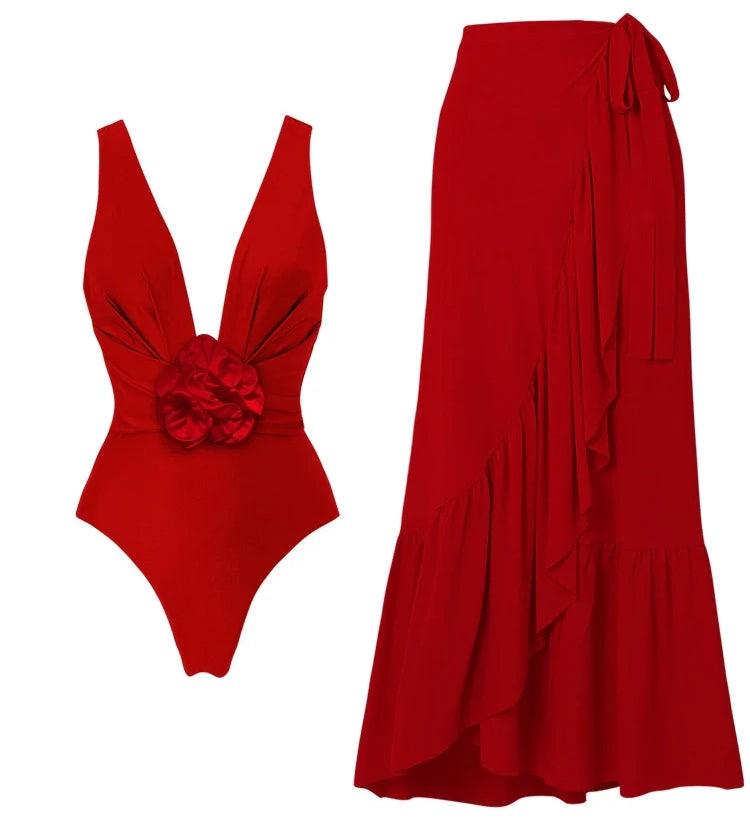V-Neck One-Piece with Removable 3D Floral Detail