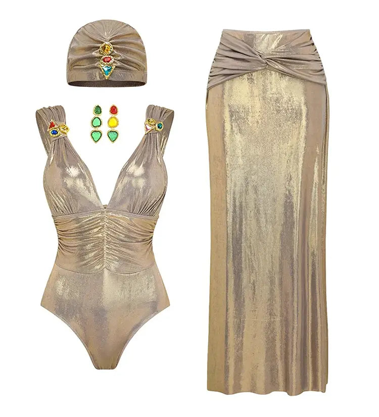 V-Neck Ruched Rhinestone One-Piece Swimsuit
