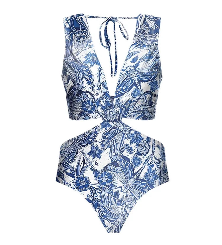 Dragonfly V Neck Cutout Skirted Swimsuit Set