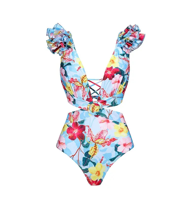 One Piece Cutout Printed Swimsuit Set