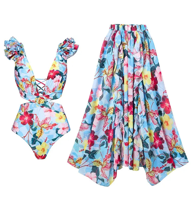 One Piece Cutout Printed Swimsuit Set
