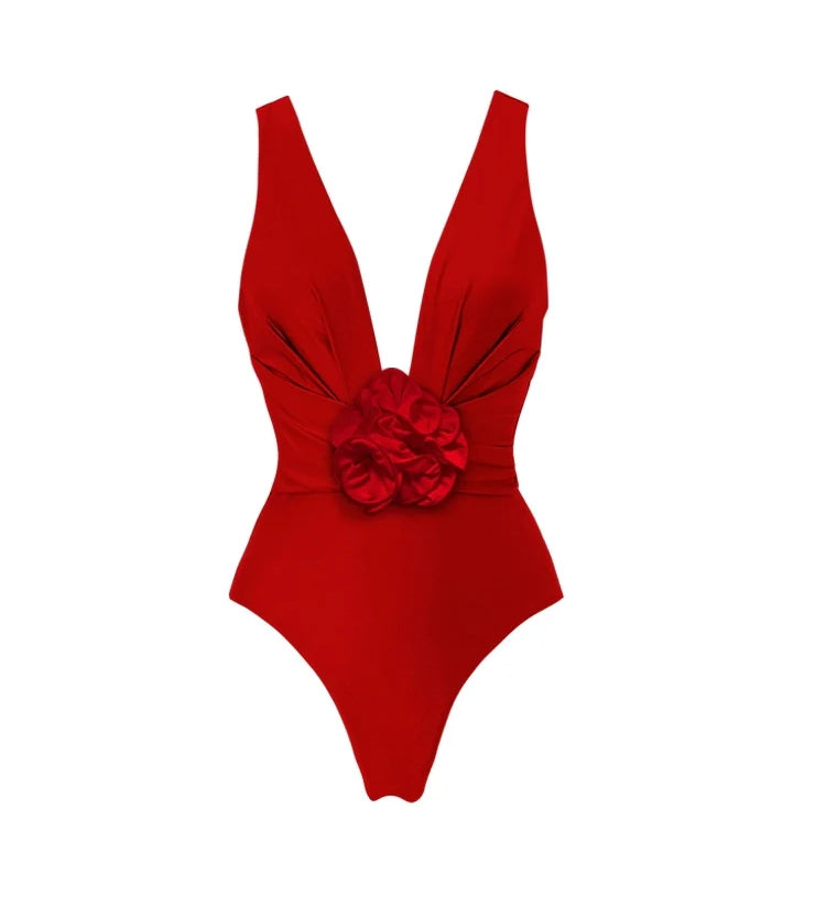 V-Neck One-Piece with Removable 3D Floral Detail