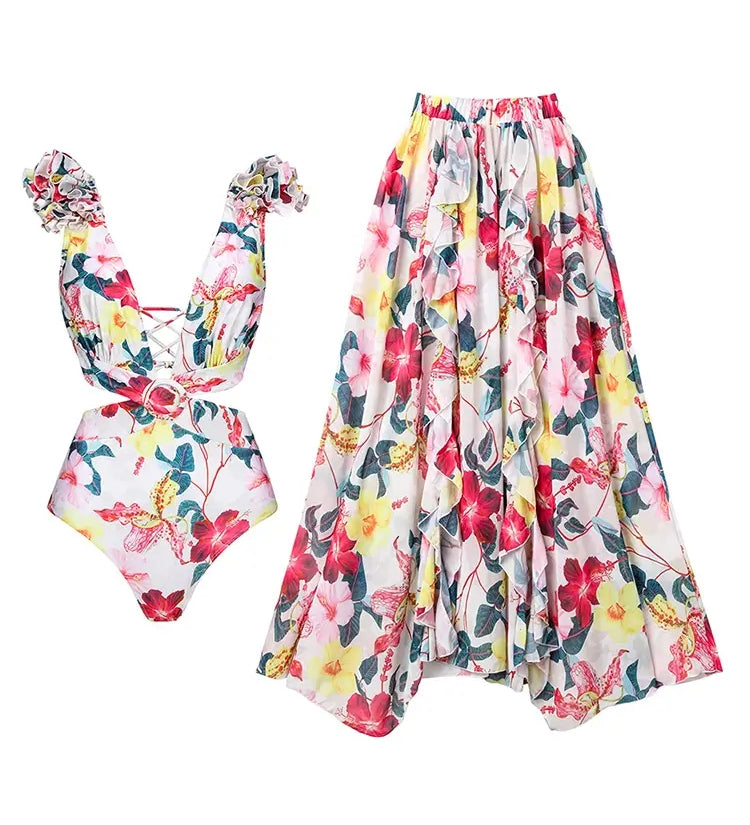 3D Floral Cutout Swimsuit One Piece Set