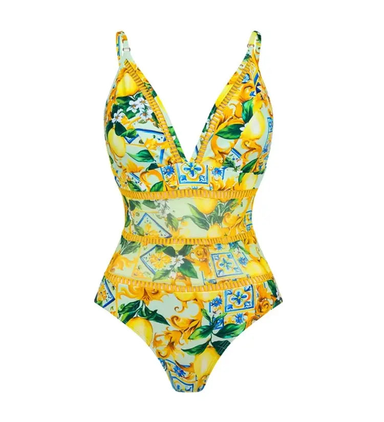 Mesh Lemon Print Swimsuit Set