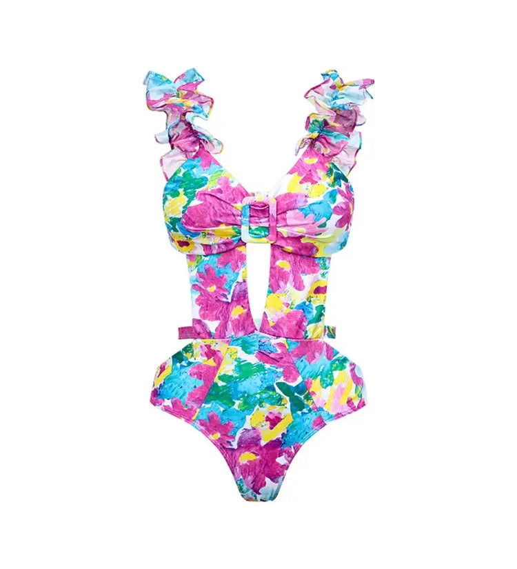 One Piece Print Cutout Swimsuit Set