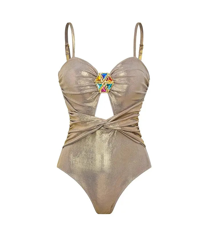 Rhinestone Ruched Shiny One-Piece Swimsuit