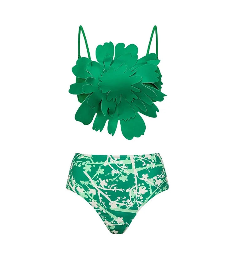 Floral Accent Green Printed Bikini Set