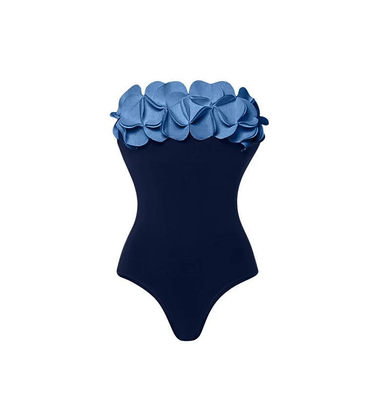 Blue 3D Floral Strapless Swimsuit