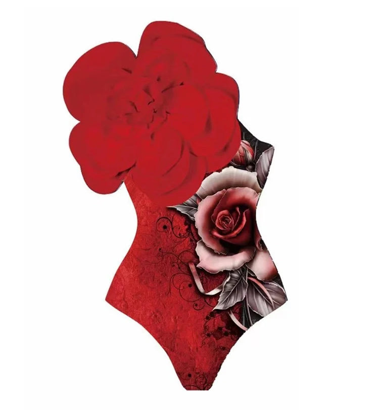 3D Red Floral Print One-Piece Swimsuit Set