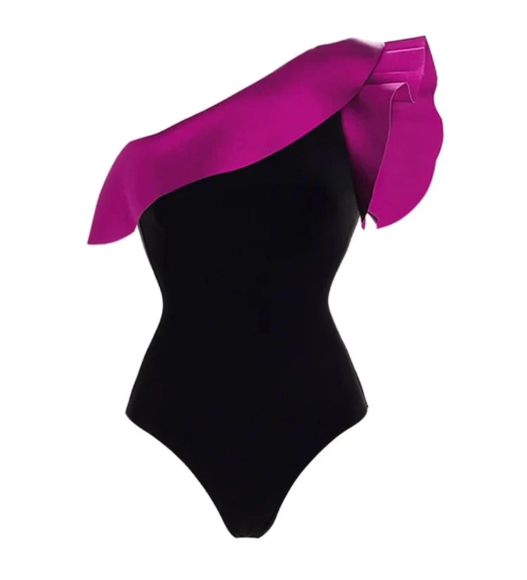 Ruffle Colorblock Retro One Piece Swimsuit
