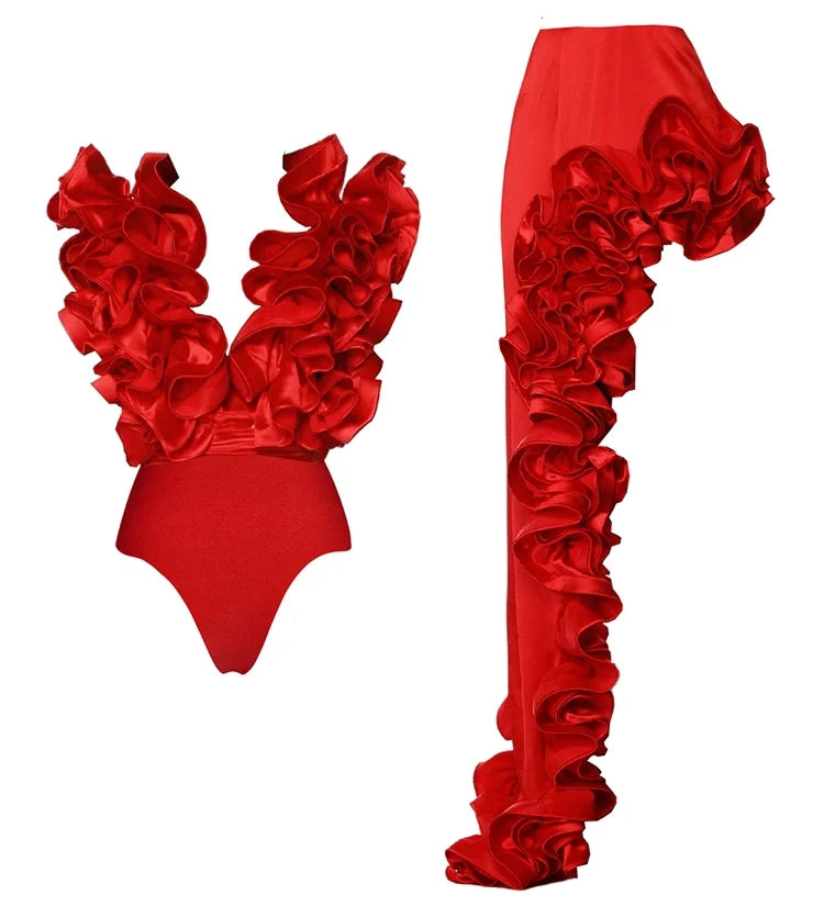 Ruffled V-Neck Red Asymmetrical Swimsuit Set
