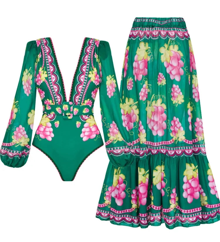 Deep V Retro Print Long Sleeve Swimsuit Set
