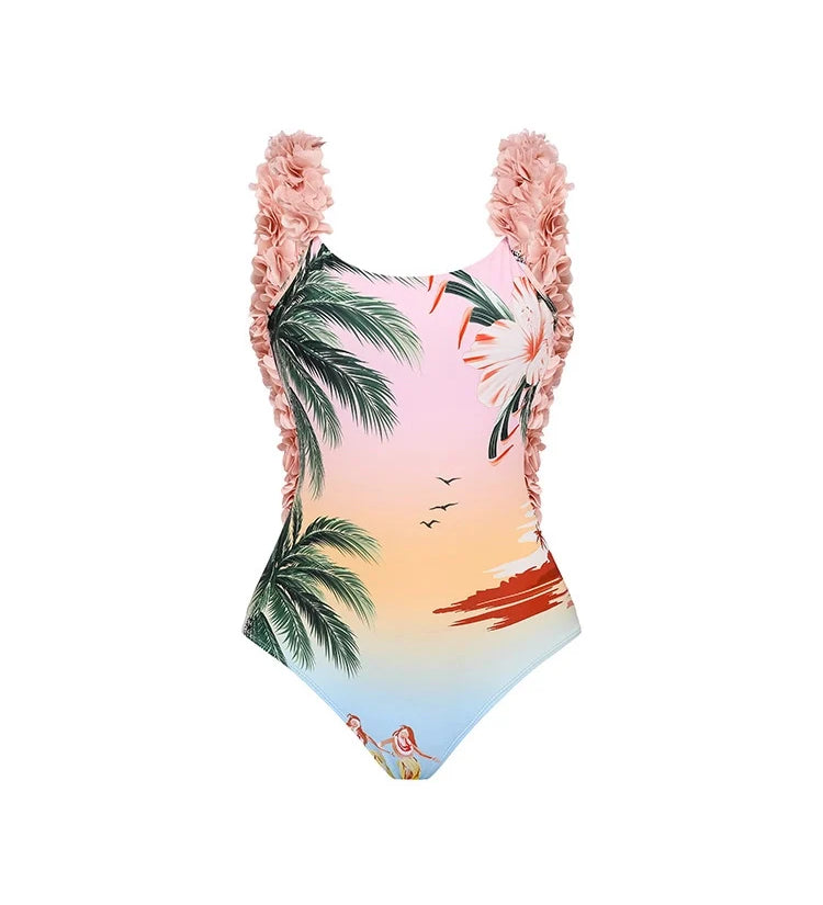 Coconut Tree Print Appliqué One-Piece Swimsuit
