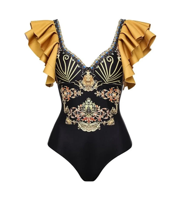 Black Gold Ruffle Swimsuit Set