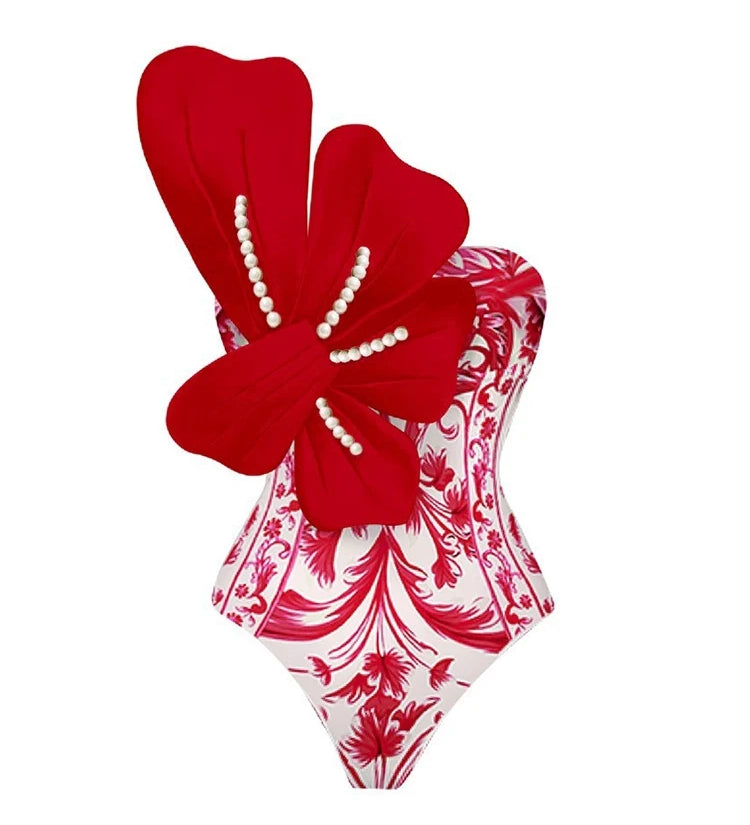 Printed Pearl-Embellished Swimsuit Set