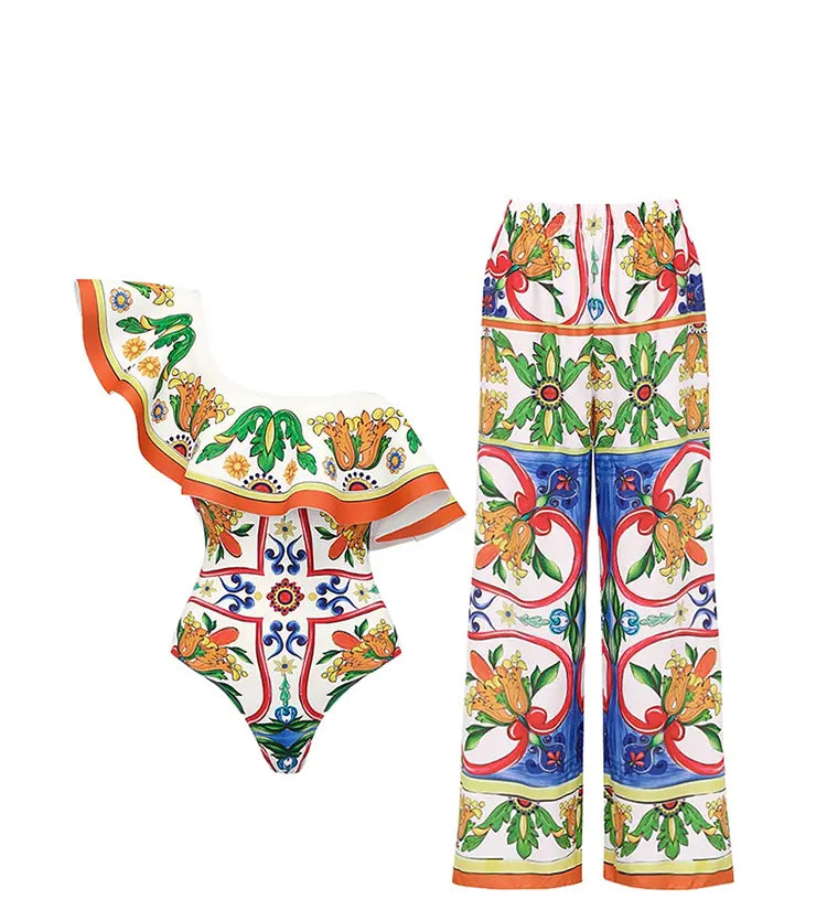 One Shoulder Enamel Print Swimsuit Set