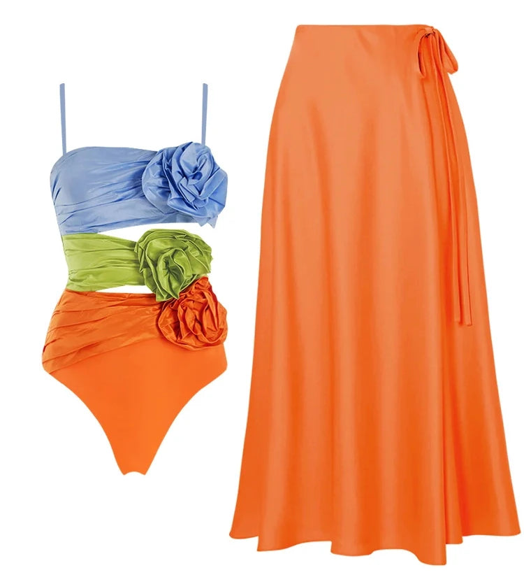 Spaghetti Strap Floral Cutout Colorblock Set