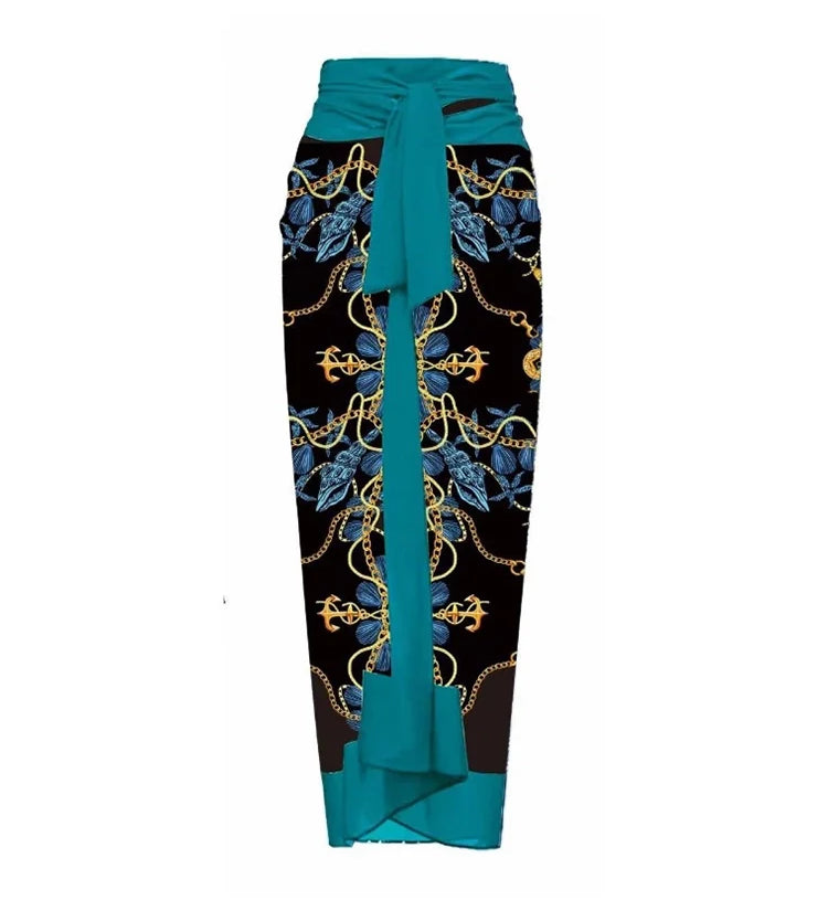 3D Blue Floral Print One-Piece Swimsuit Set