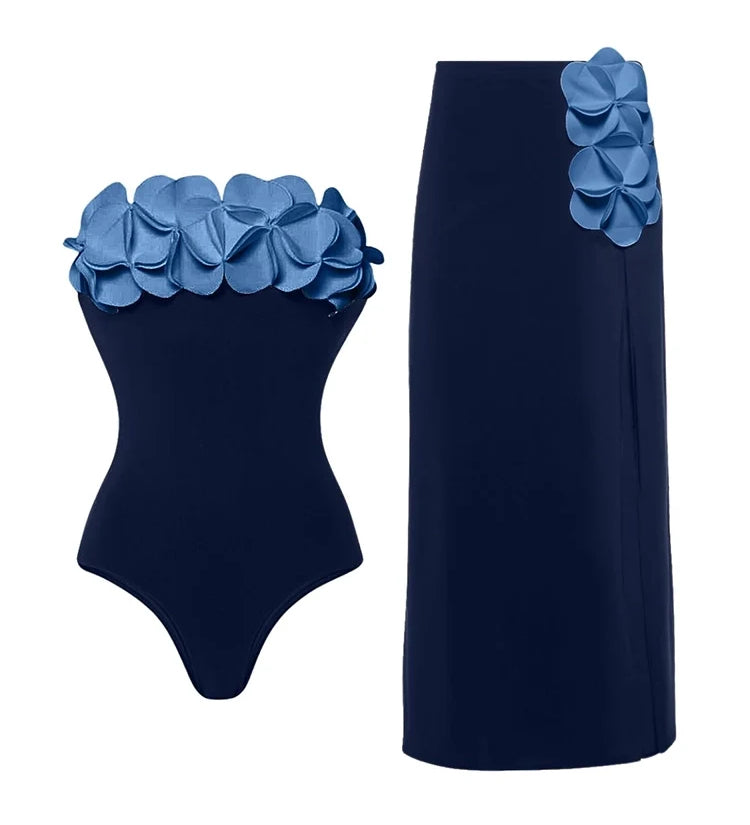 Blue 3D Floral Strapless Swimsuit