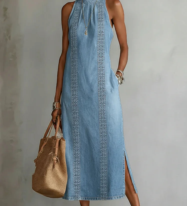 Isabel | Vestido de Jean com Detalhes em Renda Vintage