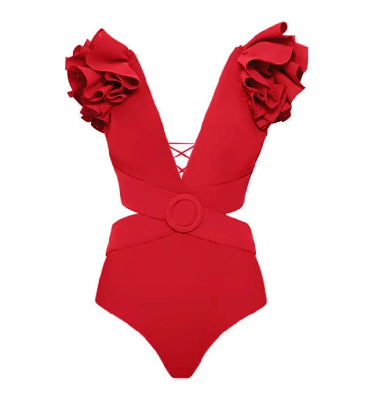 3D Floral Shoulder Embellished Cutout Swimsuit