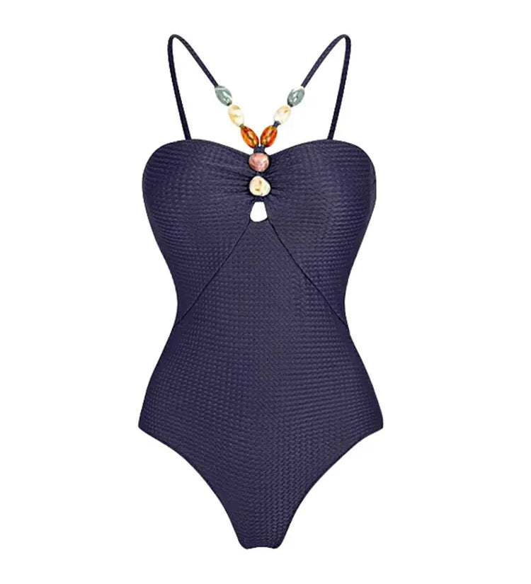 Beaded Textured Fabric One Piece Swimsuit Set