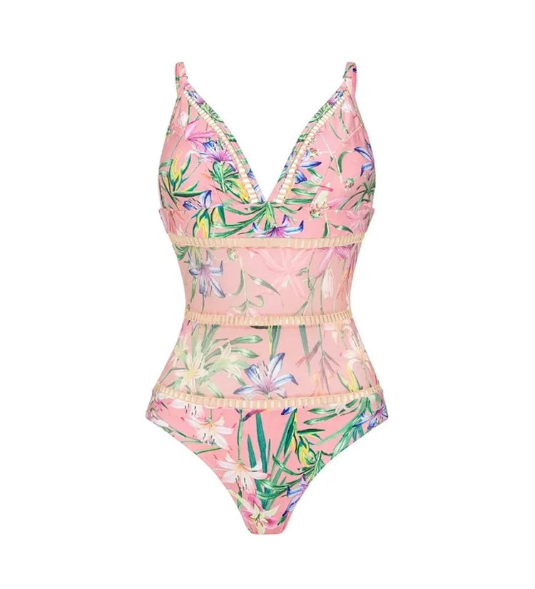 Mesh Patchwork Printed Swimsuit Set