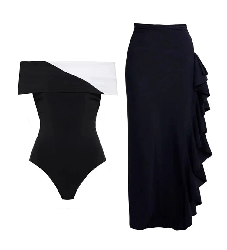 Colorblock Minimal One Piece Swimsuit Set