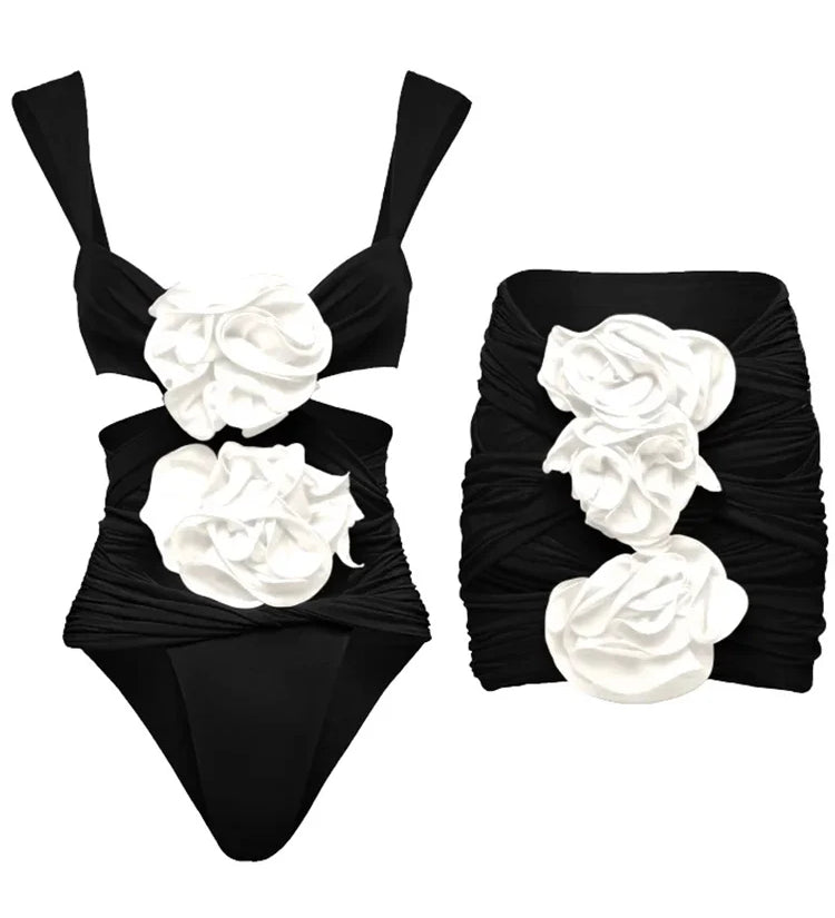 3D Floral Black Swimsuit Set