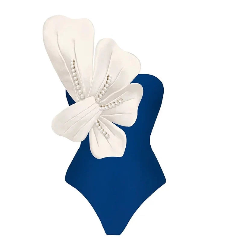 Blue Swimsuit Set Pearl Floral Accents
