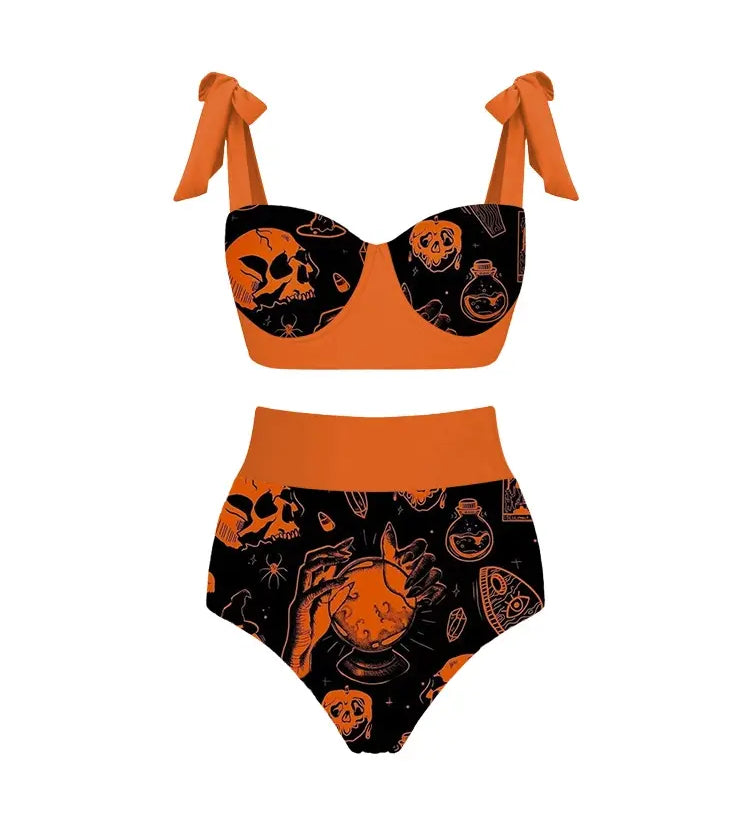 Halloween Pumpkin Skull Print Bikini Set
