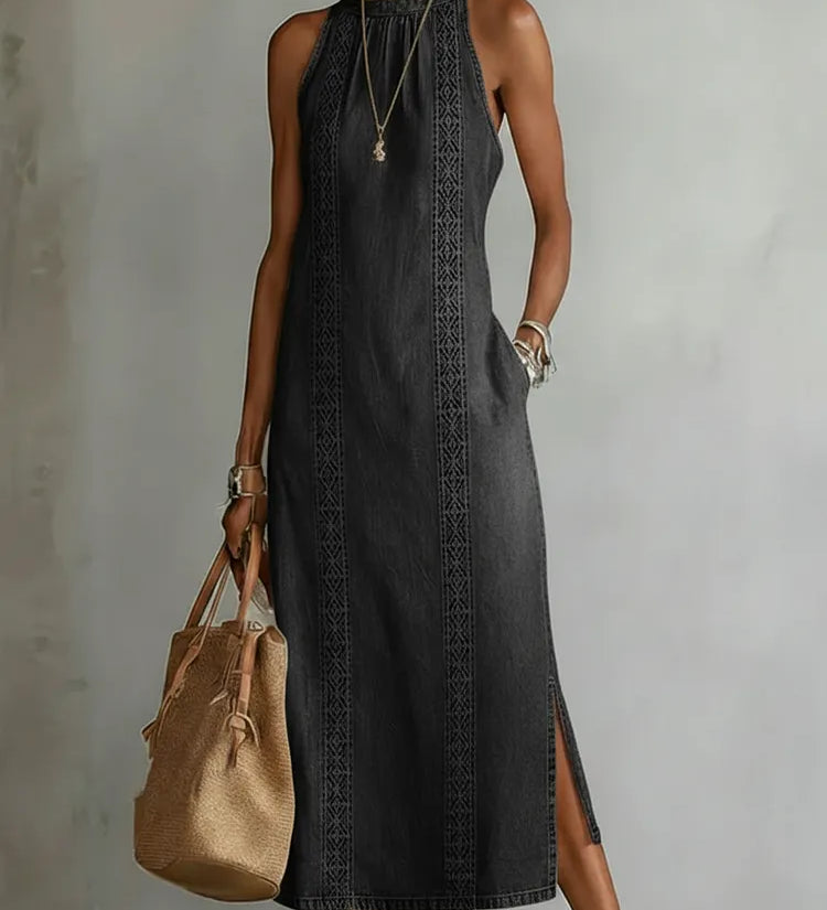 Isabel | Vestido de Jean com Detalhes em Renda Vintage