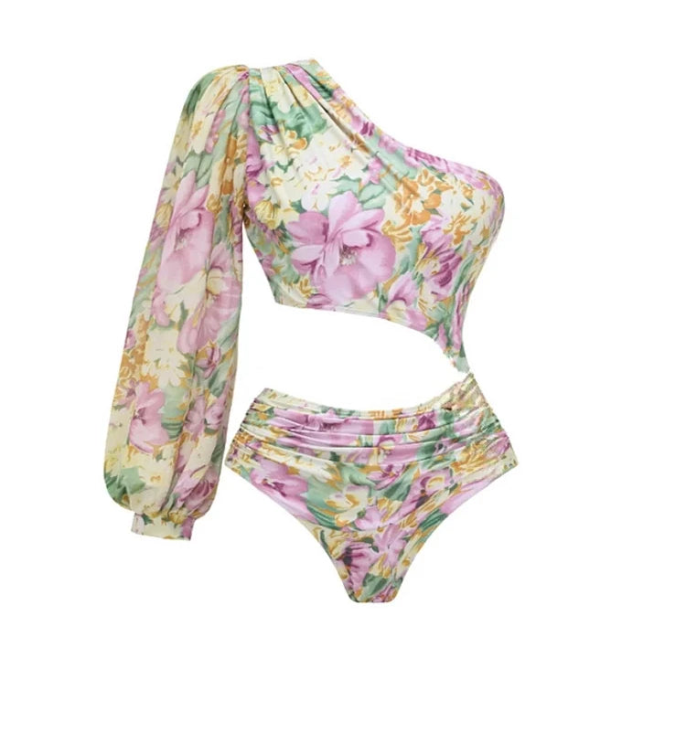 One Shoulder Cutout Floral Swimsuit Set