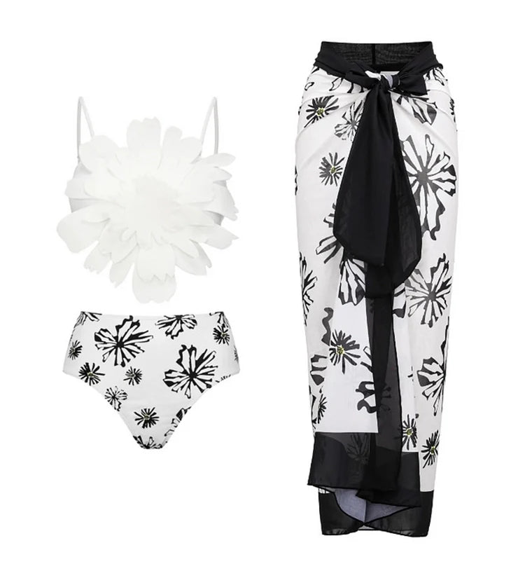 Floral Trim White Printed Bikini Set