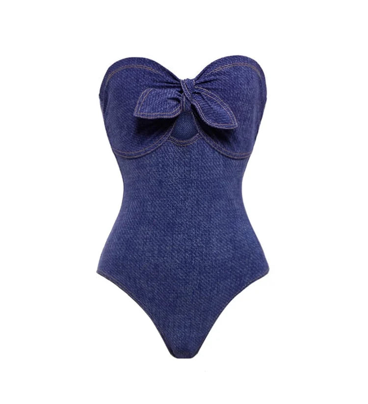 Denim Bandeau One Piece Swimsuit Set