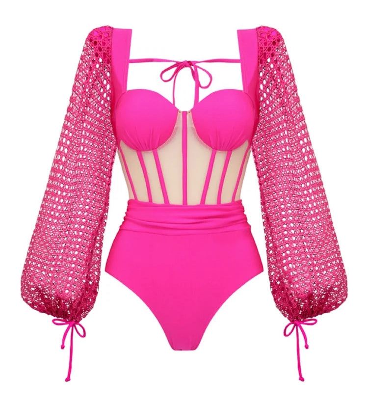 Fluorescent Pink Backless Swimsuit Set